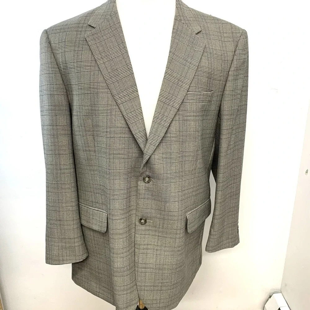 Jos A Bank Sport Coat Men 46R Brown Glen Plaid Wool 2 Button Blazer Jacket Work